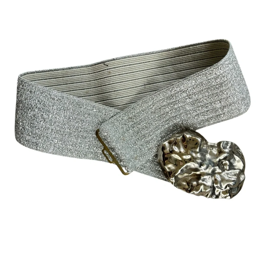 Vintage Silver Elastic Glam Belt with Hammered Metal Buckle XS Waist
